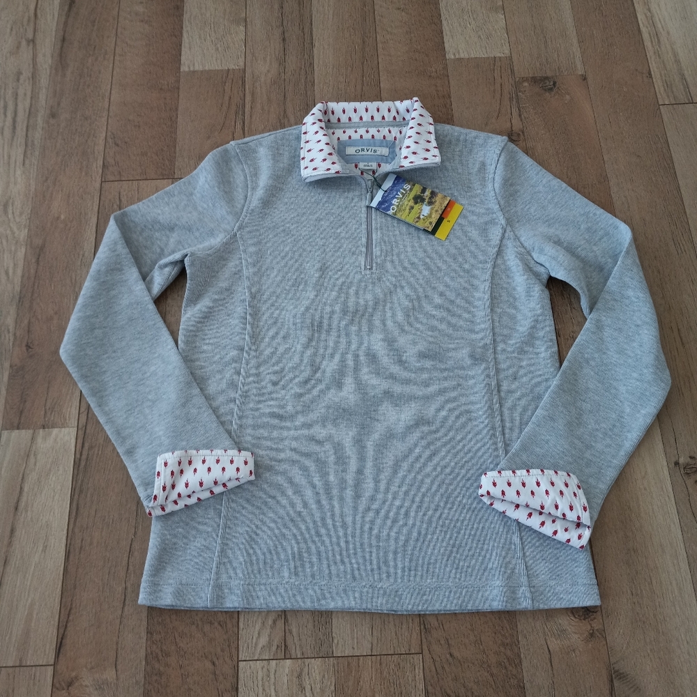Orvis 1/4 Zip Flip Cuffs Pullover Ribbed Sweater Heather Grey